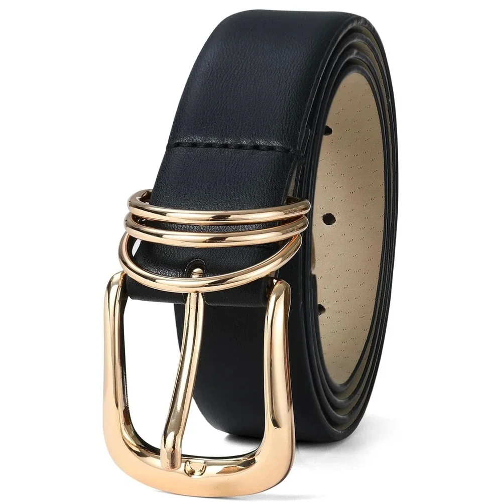 Women's Large Black Faux Leather Belt with Decorative Gold Belt‎ Buckle & Triple